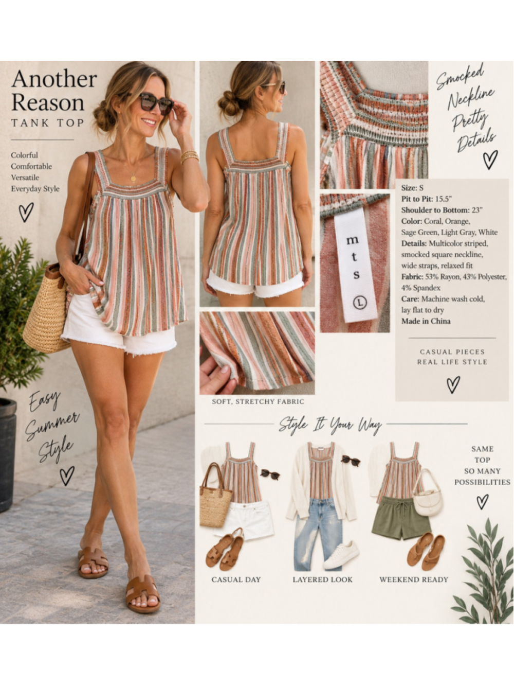 Another Reason Women’s Smocked Striped Knit Tank Top Fitted Small W-213